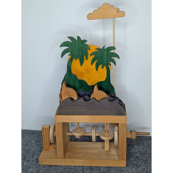 Other - Vintage Wooden Automaton Hand Crank Wood Toy Decor Dolphin Sunset Palm Trees
